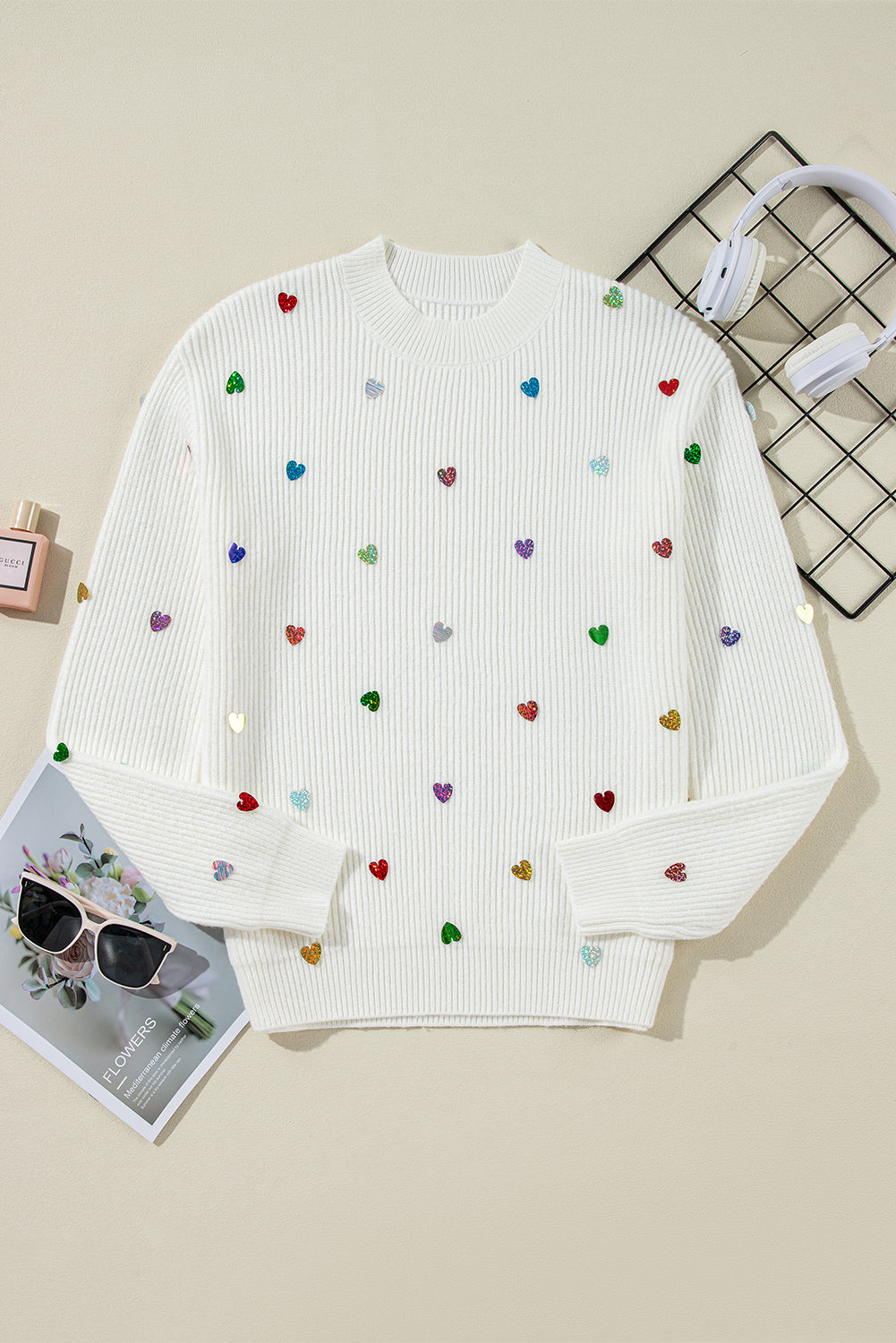 Blue Zone Planet | Beige Sequin Heart Shape Waffle Knit Round Neck Sweater-Sweaters & Cardigans/Sweaters-[Adult]-[Female]-2022 Online Blue Zone Planet