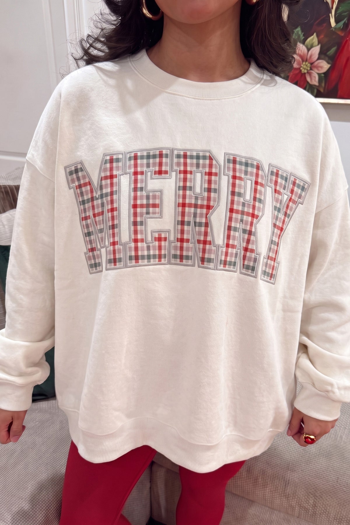 White Embroidered Plaid MERRY Sweatshirt-Tops/Sweatshirts & Hoodies-[Adult]-[Female]-White-S-2022 Online Blue Zone Planet