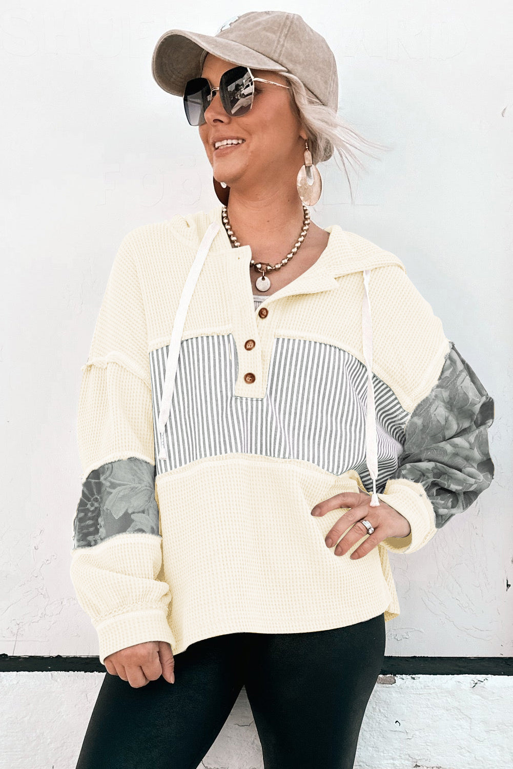 White Waffle Printed Patchwork Drawstring Hooded Long Sleeve Top-Tops/Long Sleeve Tops-[Adult]-[Female]-2022 Online Blue Zone Planet