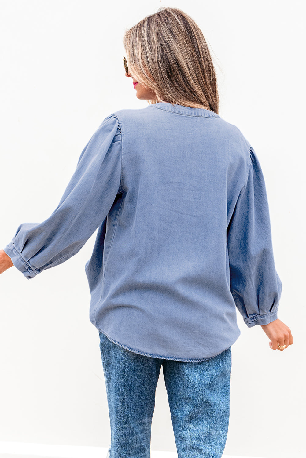 Blue Zone Planet | Myosotis Denim Front Pintuck Bow Tie Puff Sleeve Top-Tops/Blouses & Shirts-[Adult]-[Female]-2022 Online Blue Zone Planet
