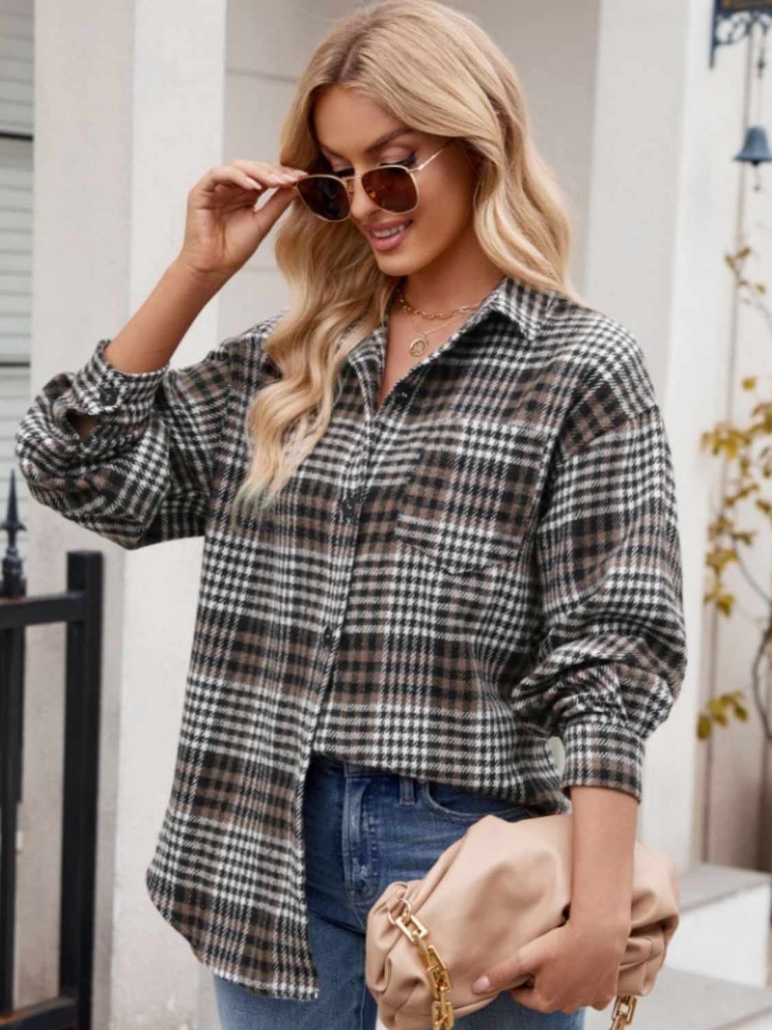 Mandy Pocketed Plaid Collared Neck Long Sleeve Shirt-TOPS / DRESSES-[Adult]-[Female]-Chocolate-S-2022 Online Blue Zone Planet