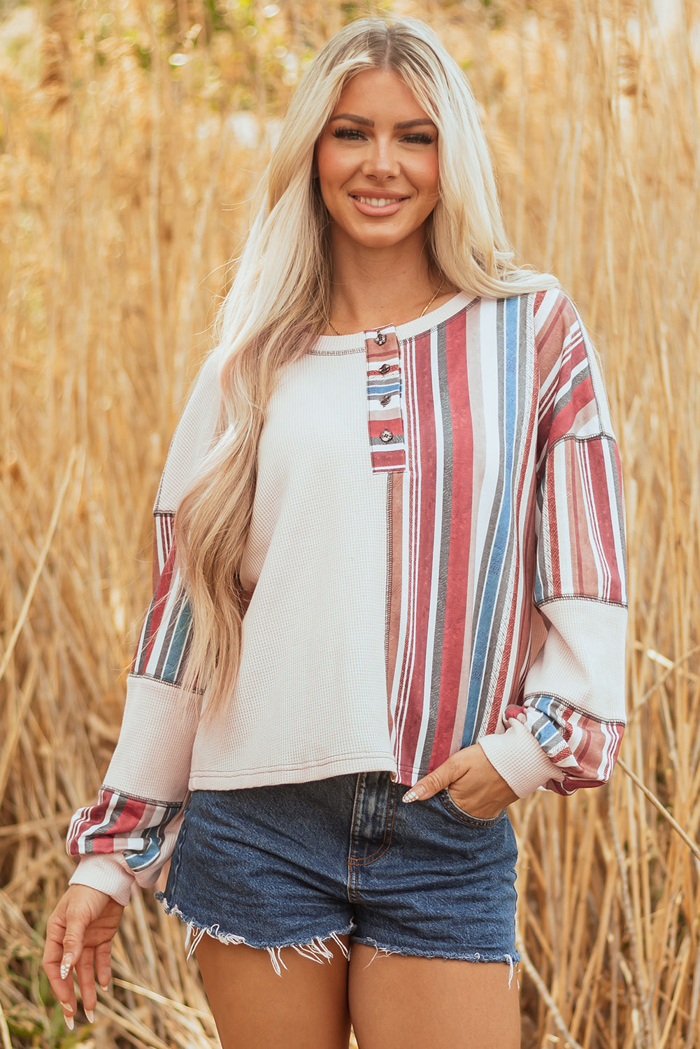 Beige Striped Waffle Patchwork Exposed Seam Raw Edge Casual Knit Top-Tops/Blouses & Shirts-[Adult]-[Female]-2022 Online Blue Zone Planet