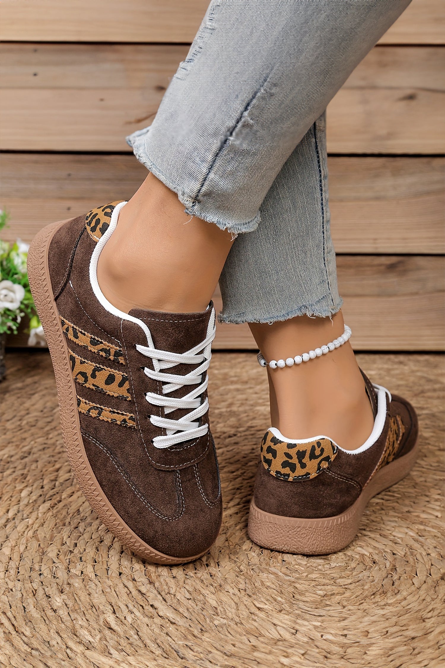 Coffee Contrast Lace-Up Leopard Patchwork Detail Faux Suede Shoes-Shoes & Bags/Womens Shoes-[Adult]-[Female]-2022 Online Blue Zone Planet
