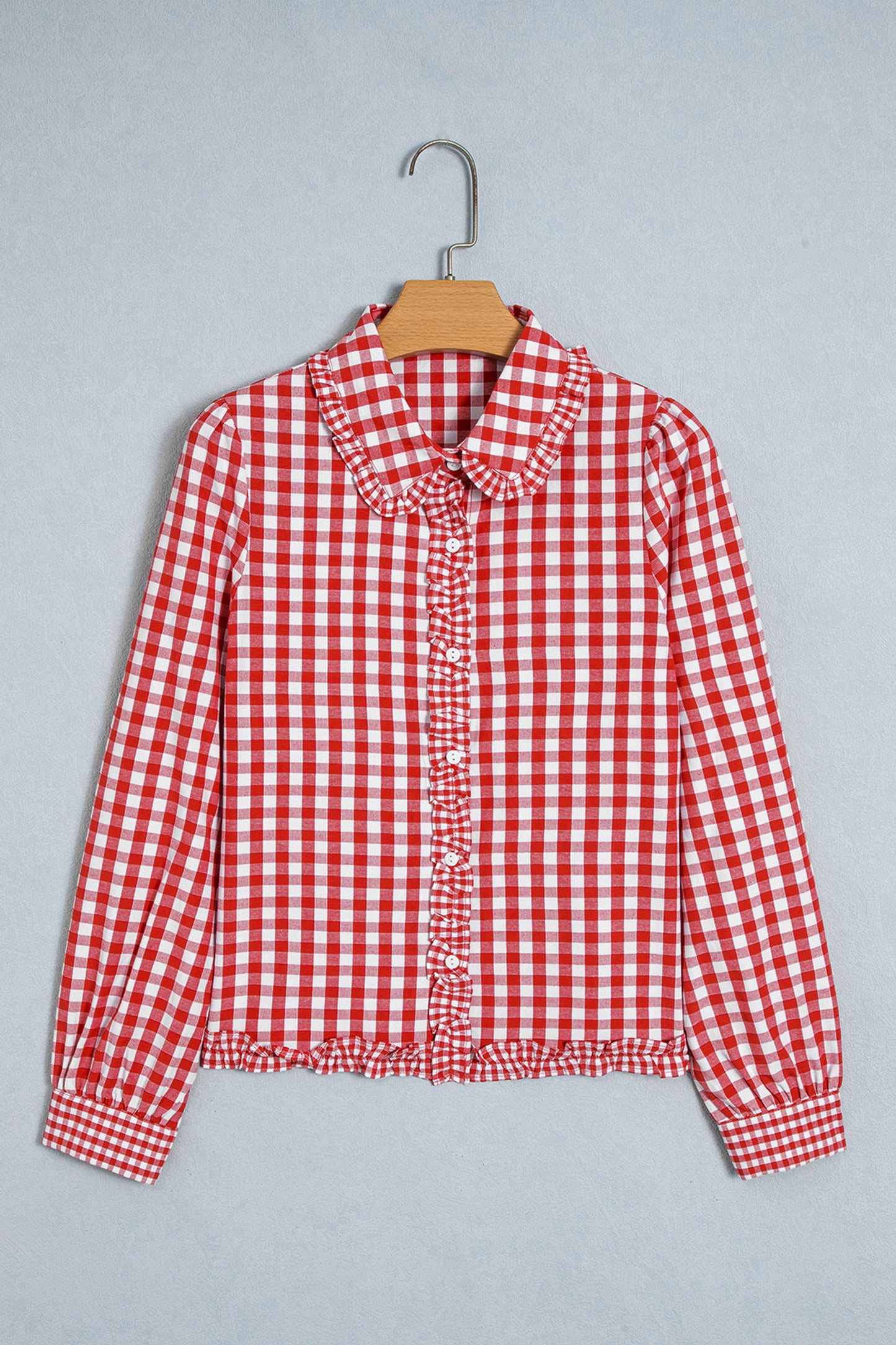 Red Plaid Long Sleeve Button Down Frill Detail Casual Shirt-Tops/Blouses & Shirts-[Adult]-[Female]-2022 Online Blue Zone Planet