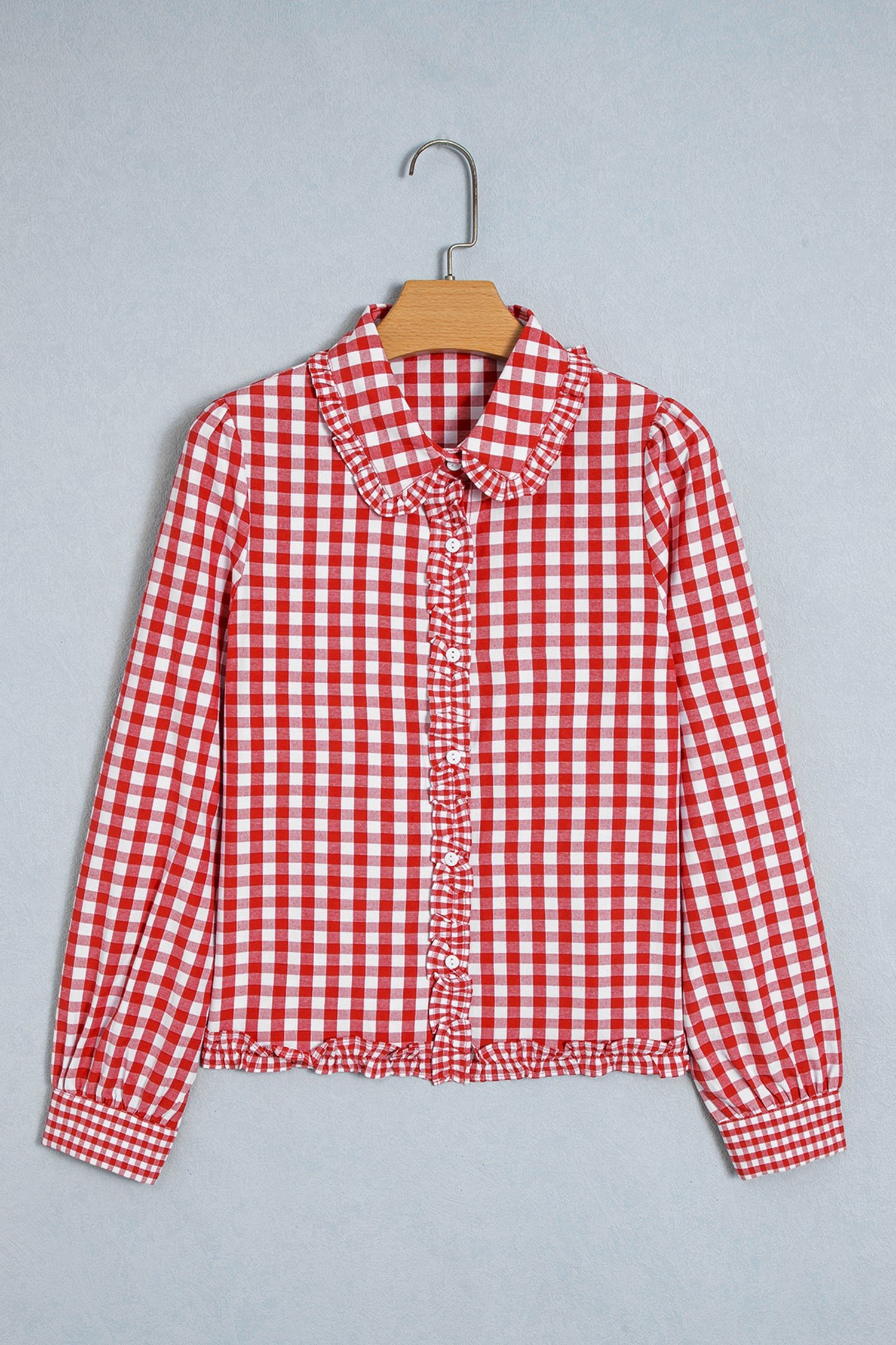 Red Plaid Long Sleeve Button Down Frill Detail Casual Shirt-Tops/Blouses & Shirts-[Adult]-[Female]-2022 Online Blue Zone Planet