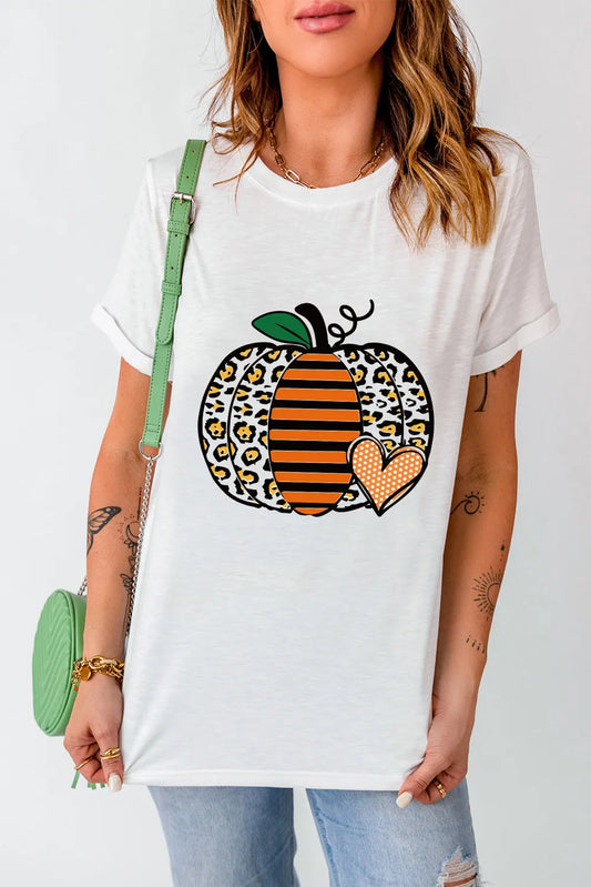 Pumpkin Graphic Round Neck Short Sleeve T-Shirt-TOPS / DRESSES-[Adult]-[Female]-White-S-2022 Online Blue Zone Planet