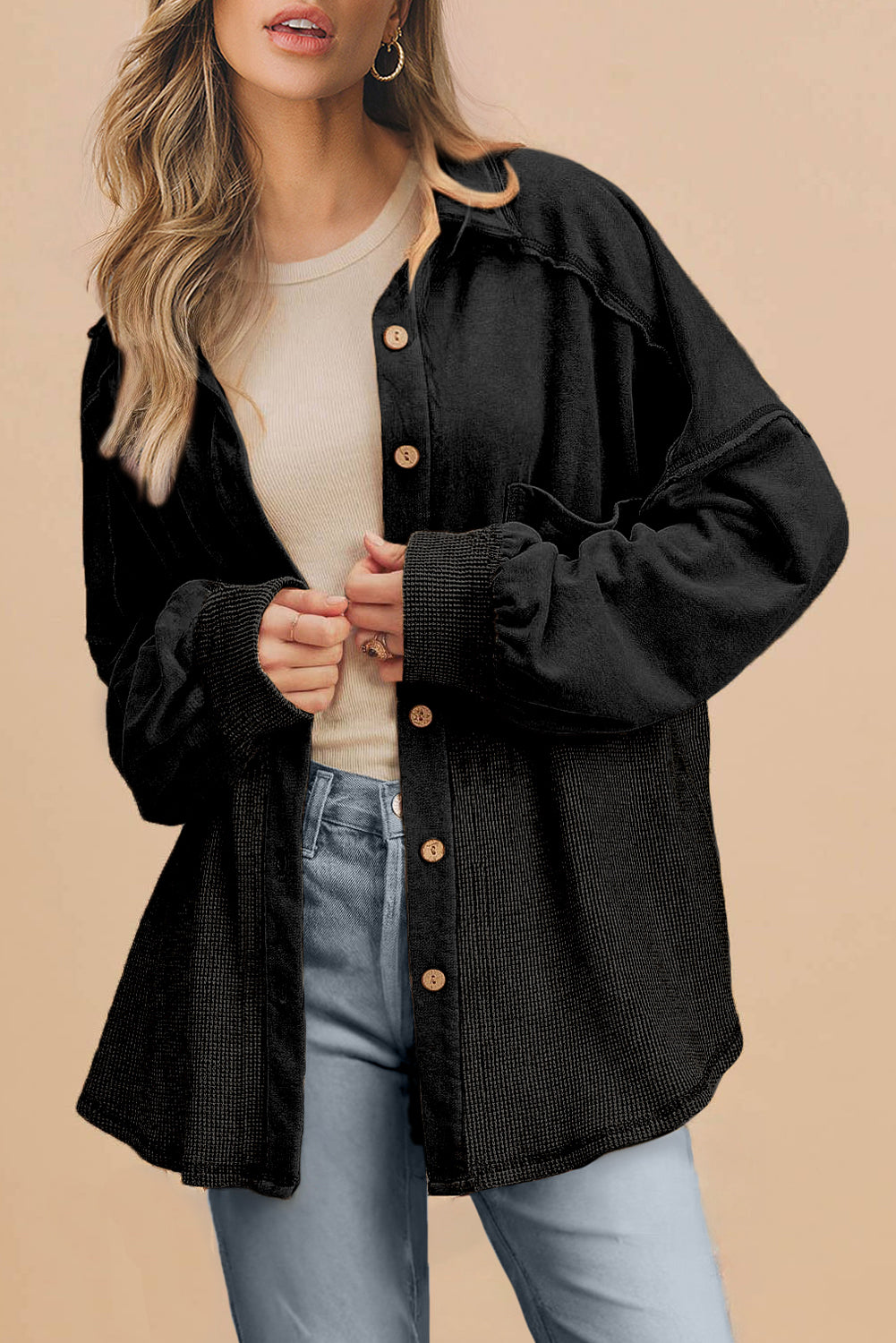 Black Waffle Knit Patchwork Exposed Seam Loose Shacket-Outerwear/Jackets-[Adult]-[Female]-Black-S-2022 Online Blue Zone Planet