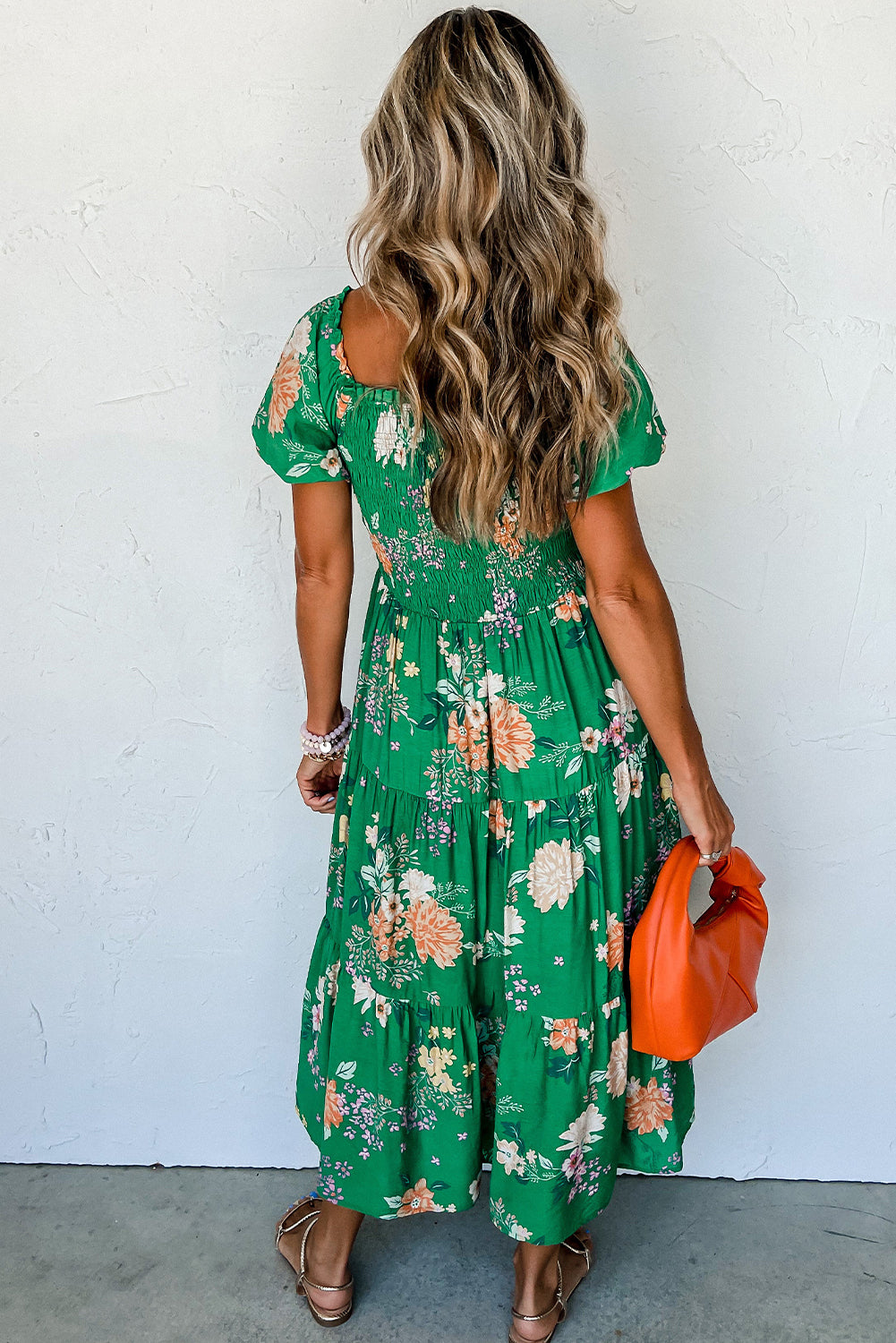 Blue Zone Planet |  Green Floral Print Bubble Sleeve Smocked Tiered Midi Dress Blue Zone Planet