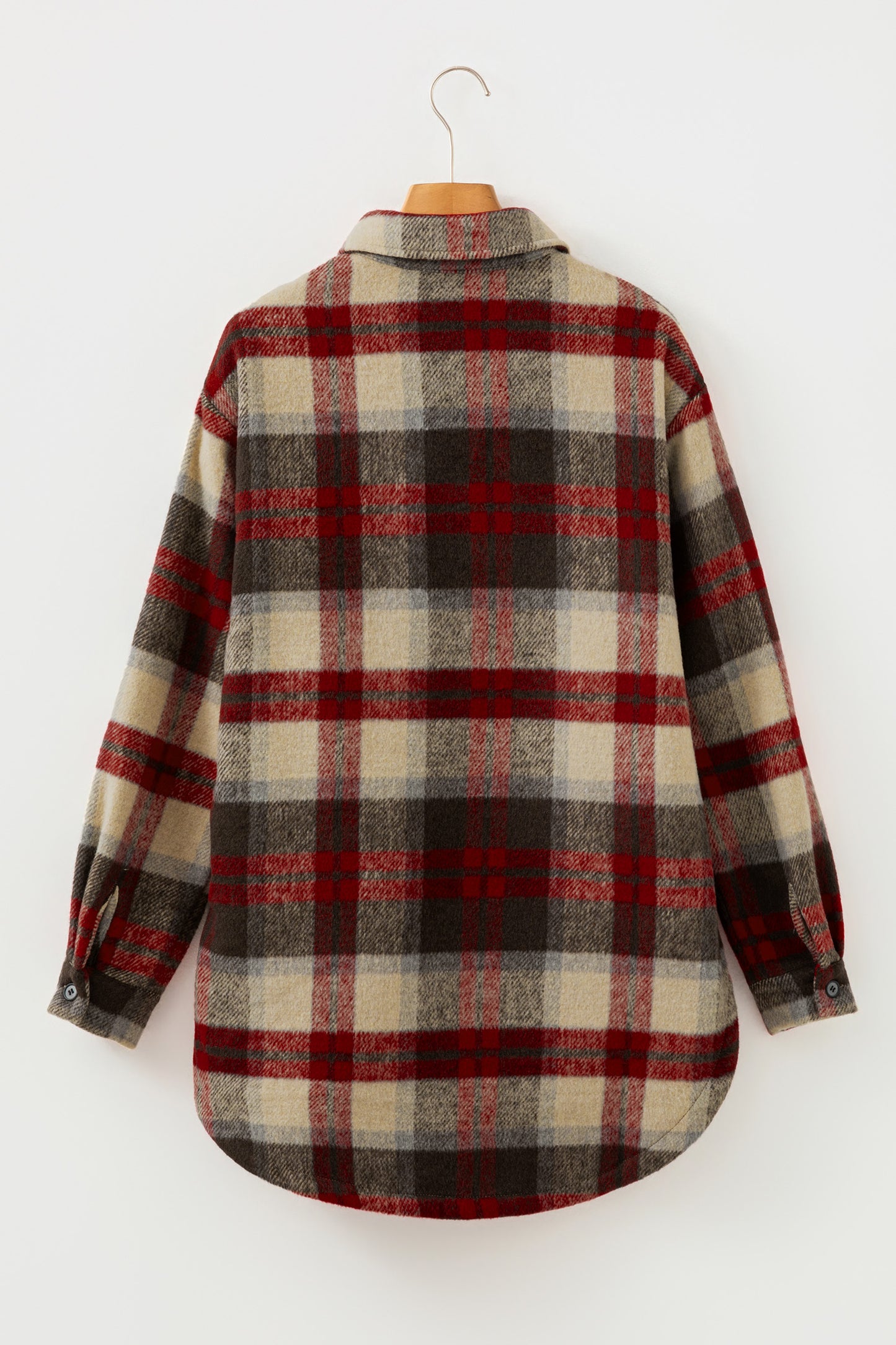 Red Brushed Plaid Buttoned Front Side Slit Tunic Shacket-Outerwear/Plaid Shackets-[Adult]-[Female]-2022 Online Blue Zone Planet