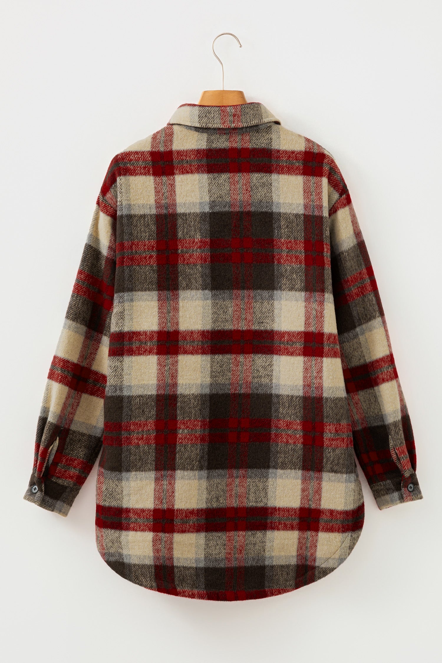 Red Brushed Plaid Buttoned Front Side Slit Tunic Shacket-Outerwear/Plaid Shackets-[Adult]-[Female]-2022 Online Blue Zone Planet