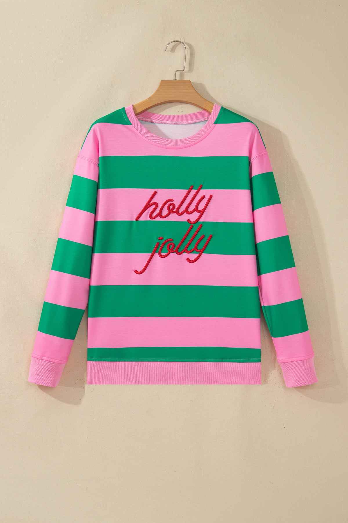 Green Stripe holly jolly Letter Embroidered Pullover Sweatshirt-Tops/Sweatshirts & Hoodies-[Adult]-[Female]-2022 Online Blue Zone Planet