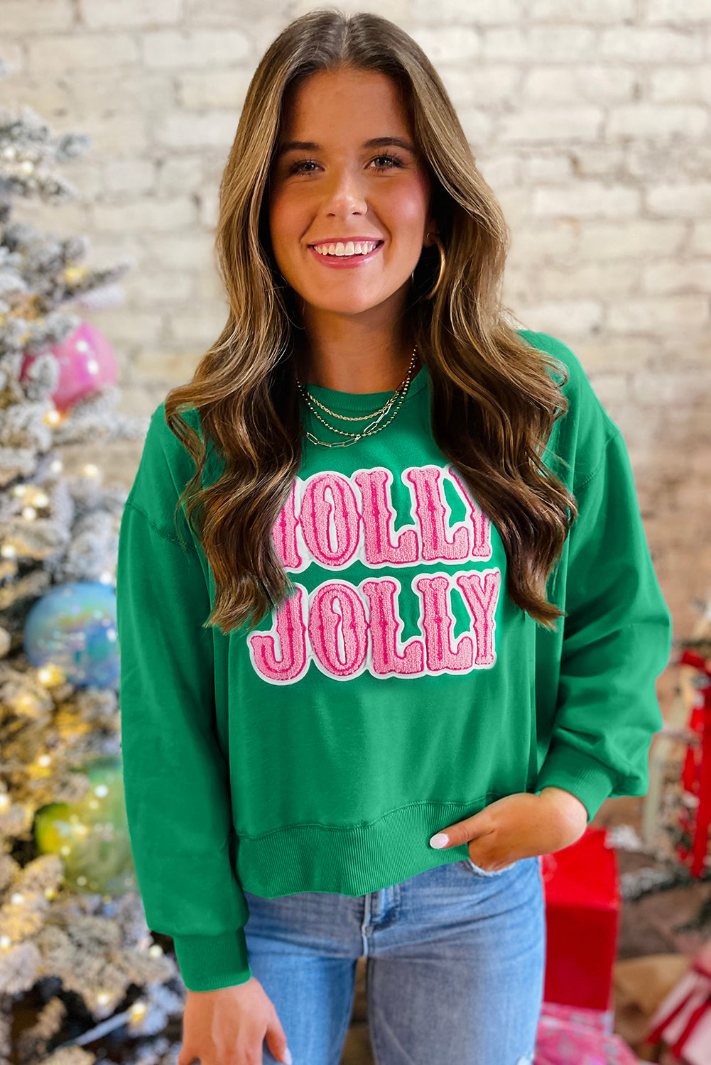 Sea Green Holly Jolly Towel Embroidered Christmas Holiday Sweatshirt-Tops/Sweatshirts & Hoodies-[Adult]-[Female]-2022 Online Blue Zone Planet