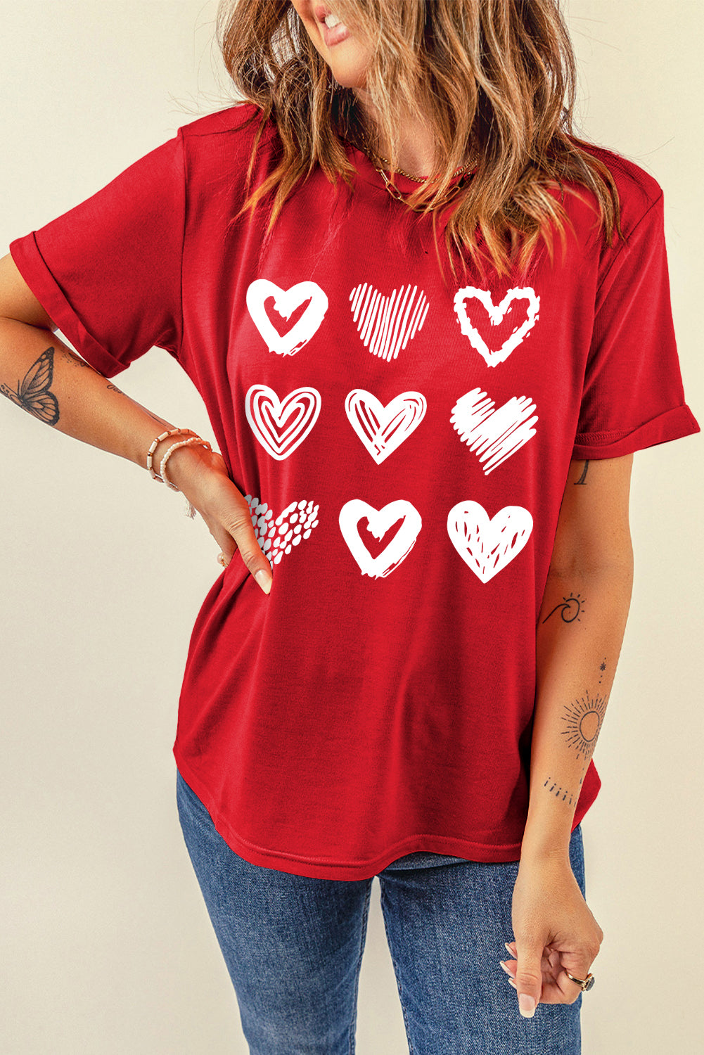 Red Diverse Heart Printed Crewneck Valentines Tee-Graphic Tees-[Adult]-[Female]-2022 Online Blue Zone Planet