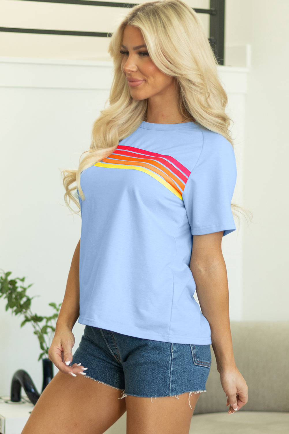 Beau Blue Striped Patch Front Casual Tee-Tops/Tops & Tees-[Adult]-[Female]-2022 Online Blue Zone Planet