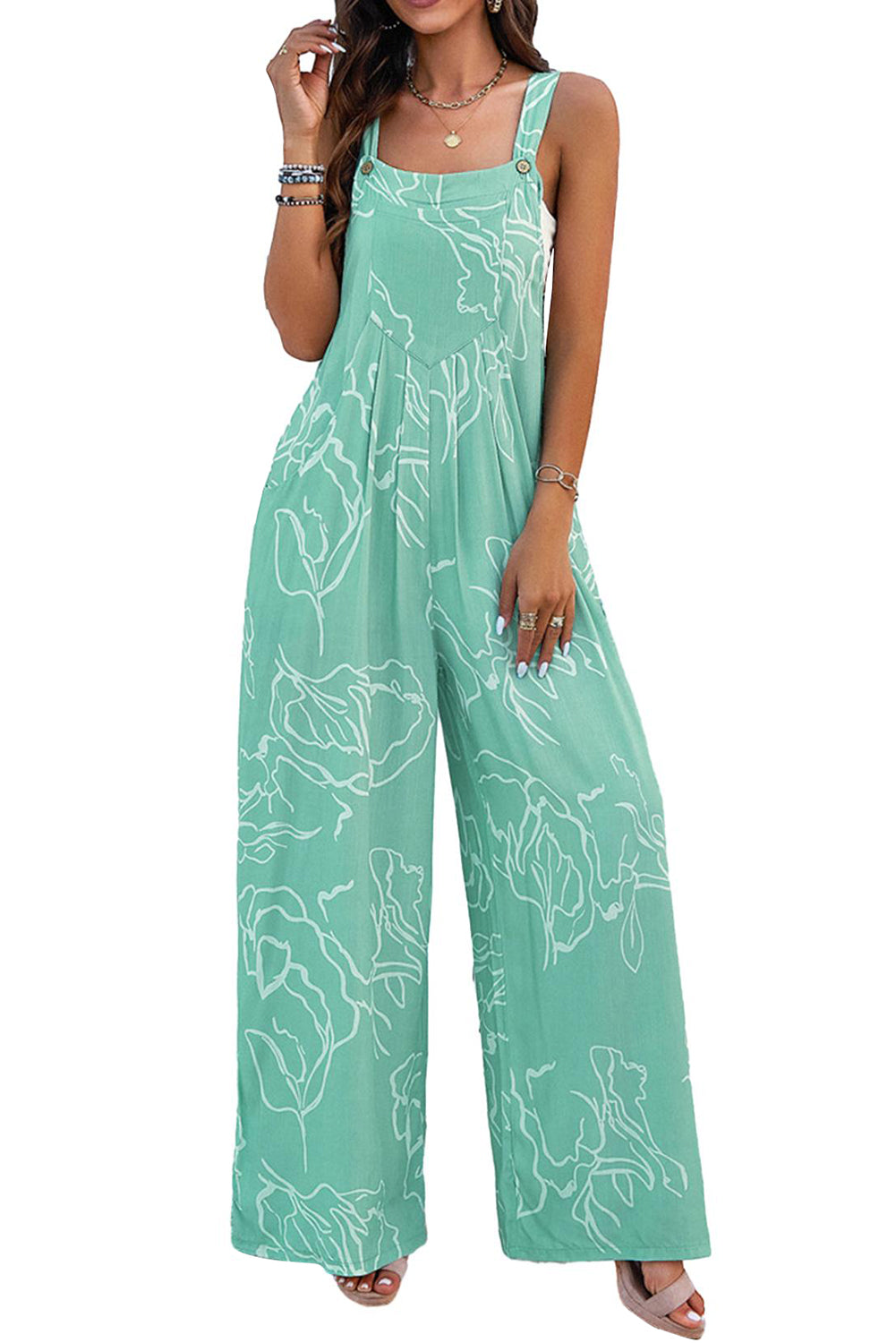 Blue Zone Planet |  Moonlight Jade Printed Bib Wide Leg Overalls Blue Zone Planet