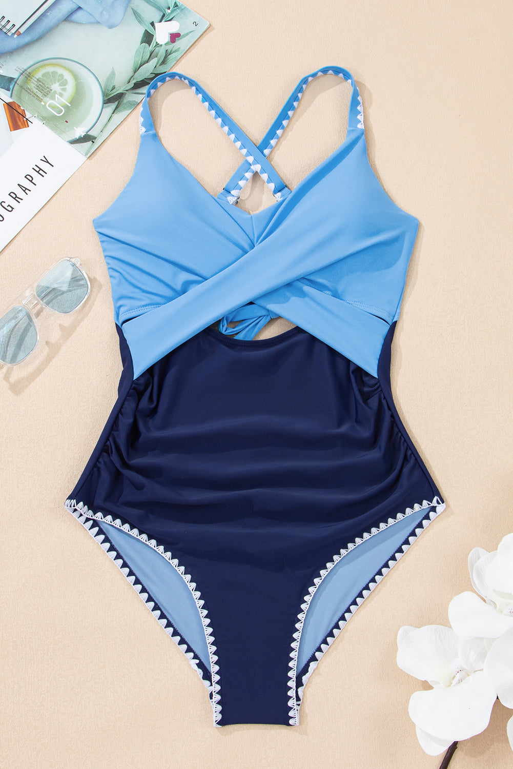 Black Ric Rac Trim Contrasted Patchwork Cutout One Piece Swimsuit-Swimwear/One Piece Swimsuit-[Adult]-[Female]-2022 Online Blue Zone Planet