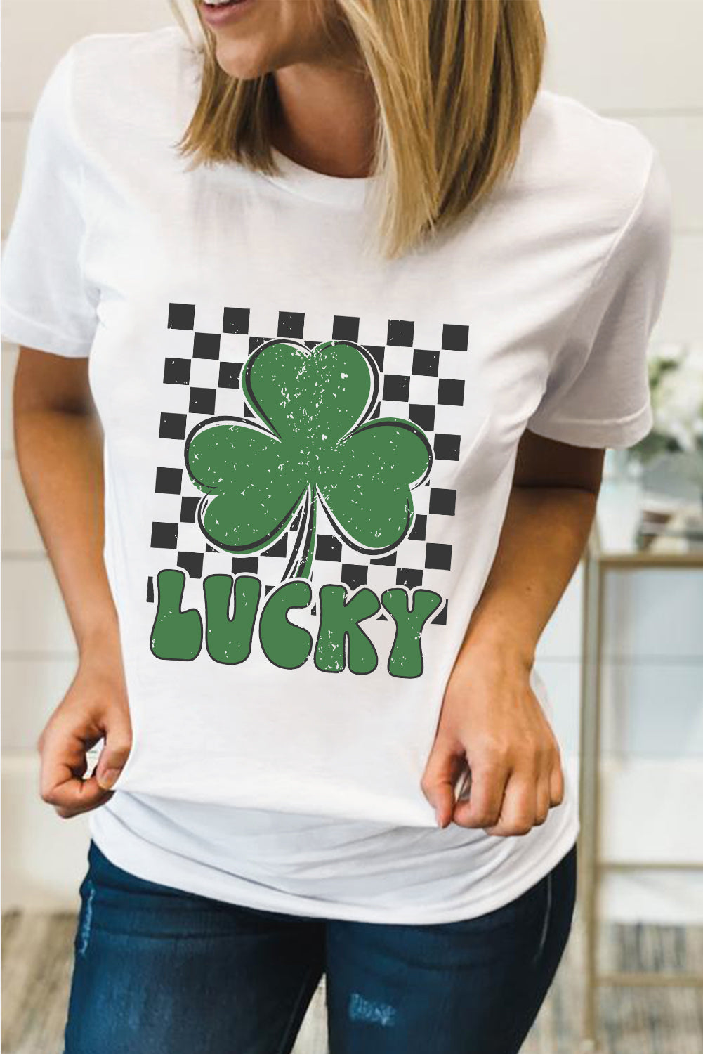 White Checker Lucky Clover Printed St Patricks T Shirt