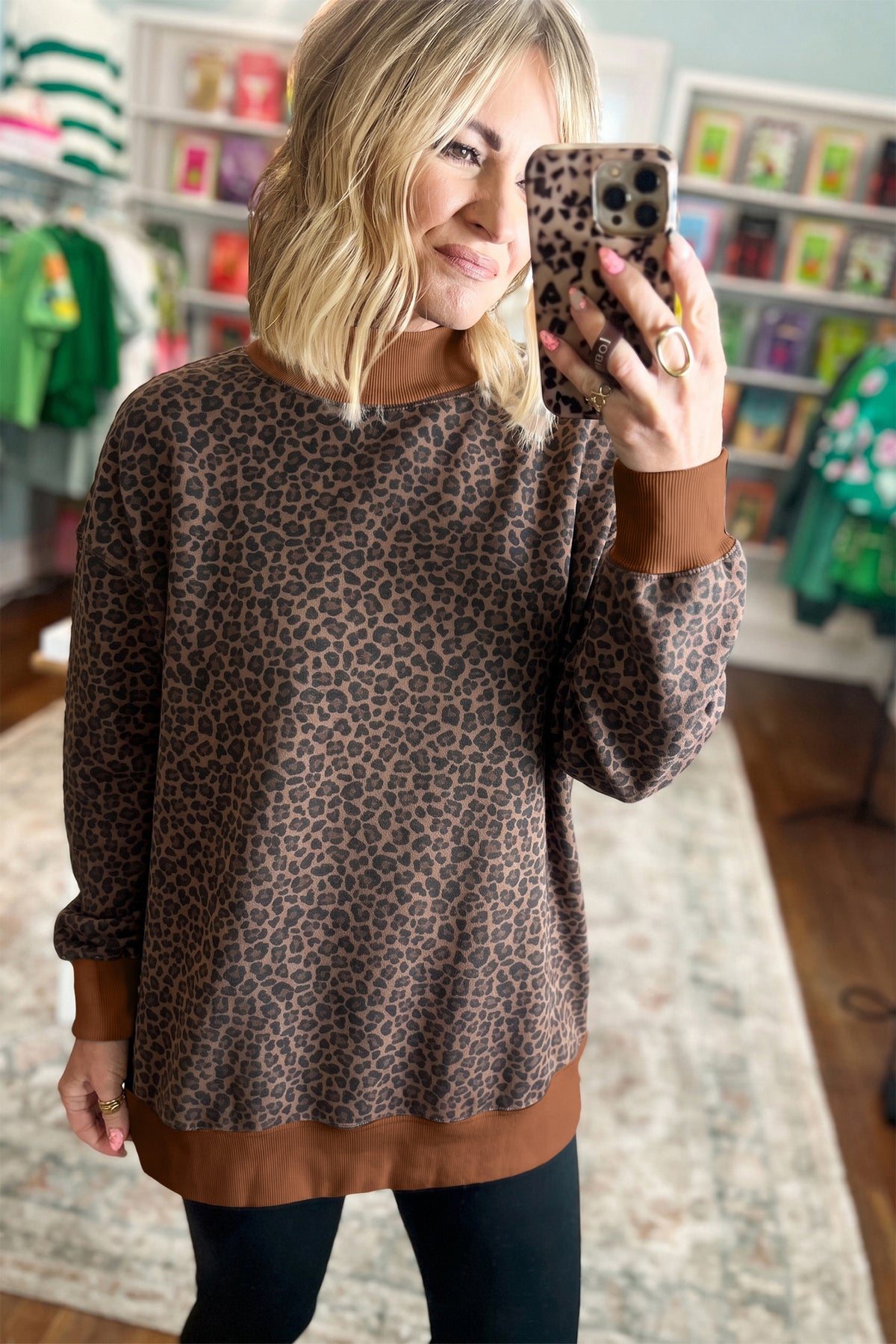 Brown Leopard Print High Neck Long Sleeve Ribbed Cuffs Hem Sweatshirt