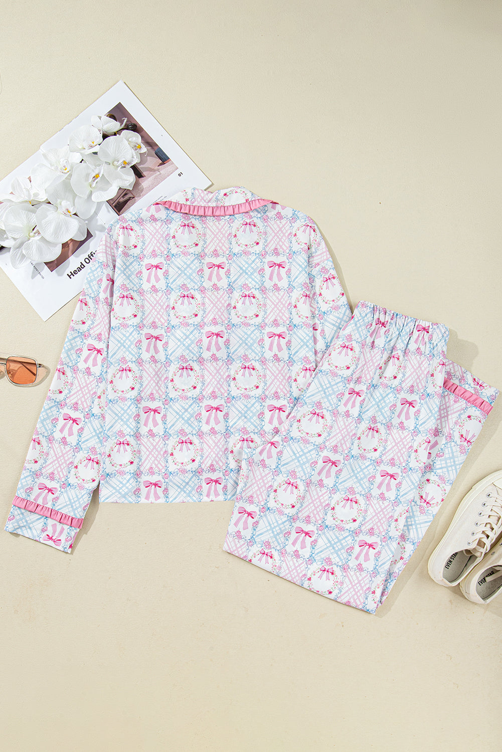 Pink Bow Wreath Pattern Christmas Holiday Tied Front Long Sleeve 2pcs Pajama Set-Loungewear & Sleepwear/Sleepwear-[Adult]-[Female]-2022 Online Blue Zone Planet