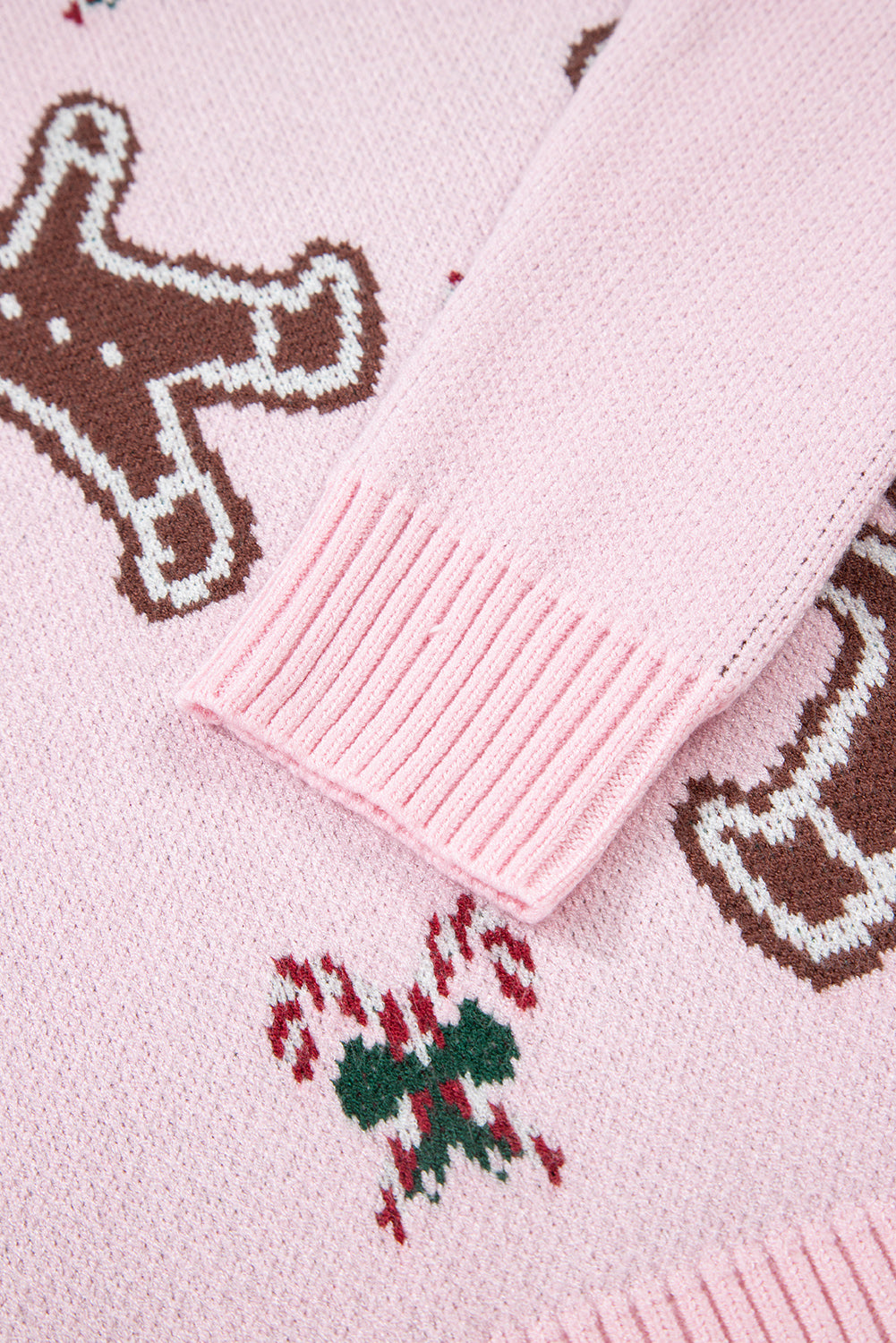 Pink Christmas Ginger Bread Man Print Round Neck Casual Sweater-Sweaters & Cardigans/Sweaters-[Adult]-[Female]-2022 Online Blue Zone Planet