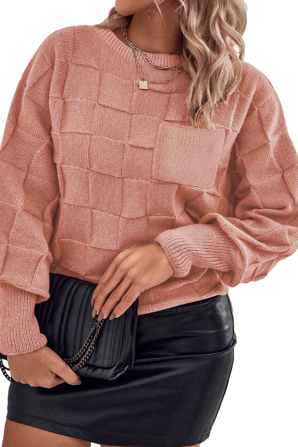 Light French Beige Solid Checkered Textured Knit Plus Size Sweater-Plus Size/Plus Size Sweaters & Cardigans-[Adult]-[Female]-2022 Online Blue Zone Planet