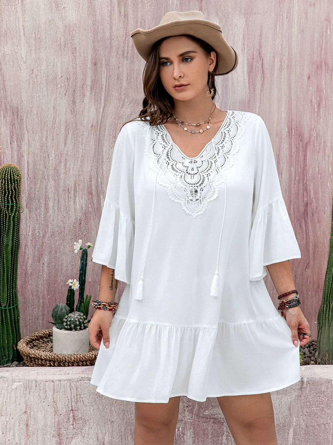 Plus Size Lace Detail Tie Neck Three-Quarter Sleeve Mini Dress-TOPS / DRESSES-[Adult]-[Female]-White-0XL-2022 Online Blue Zone Planet