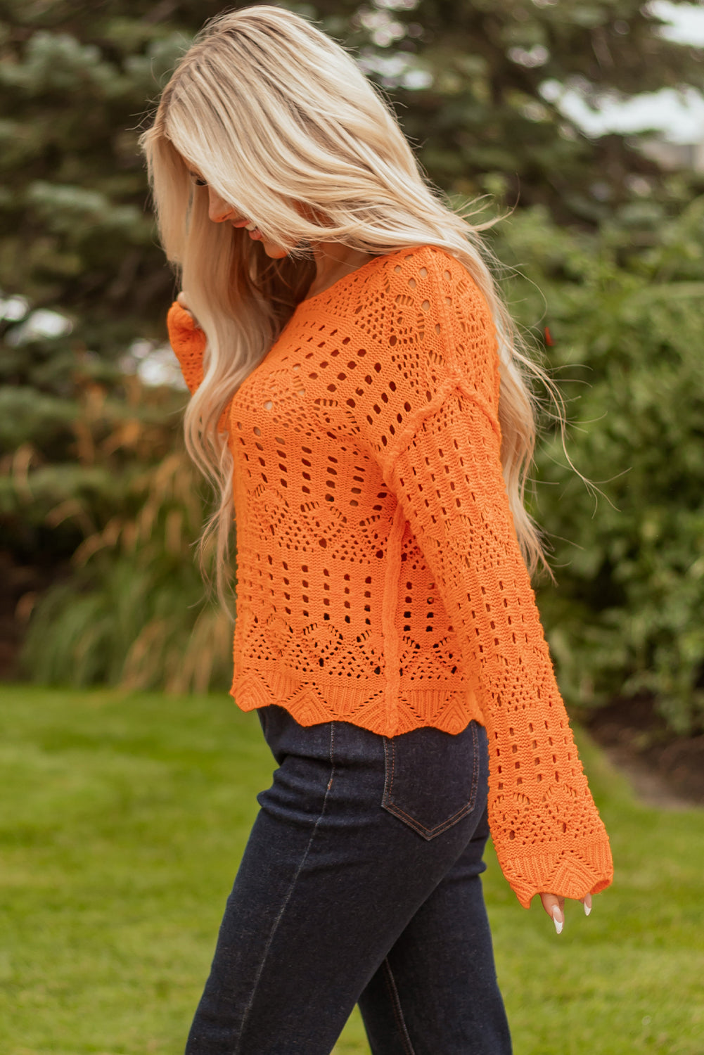 Carrot Solid Color Open Crochet Scallop Edge Sweater-TOPS / DRESSES-[Adult]-[Female]-2022 Online Blue Zone Planet