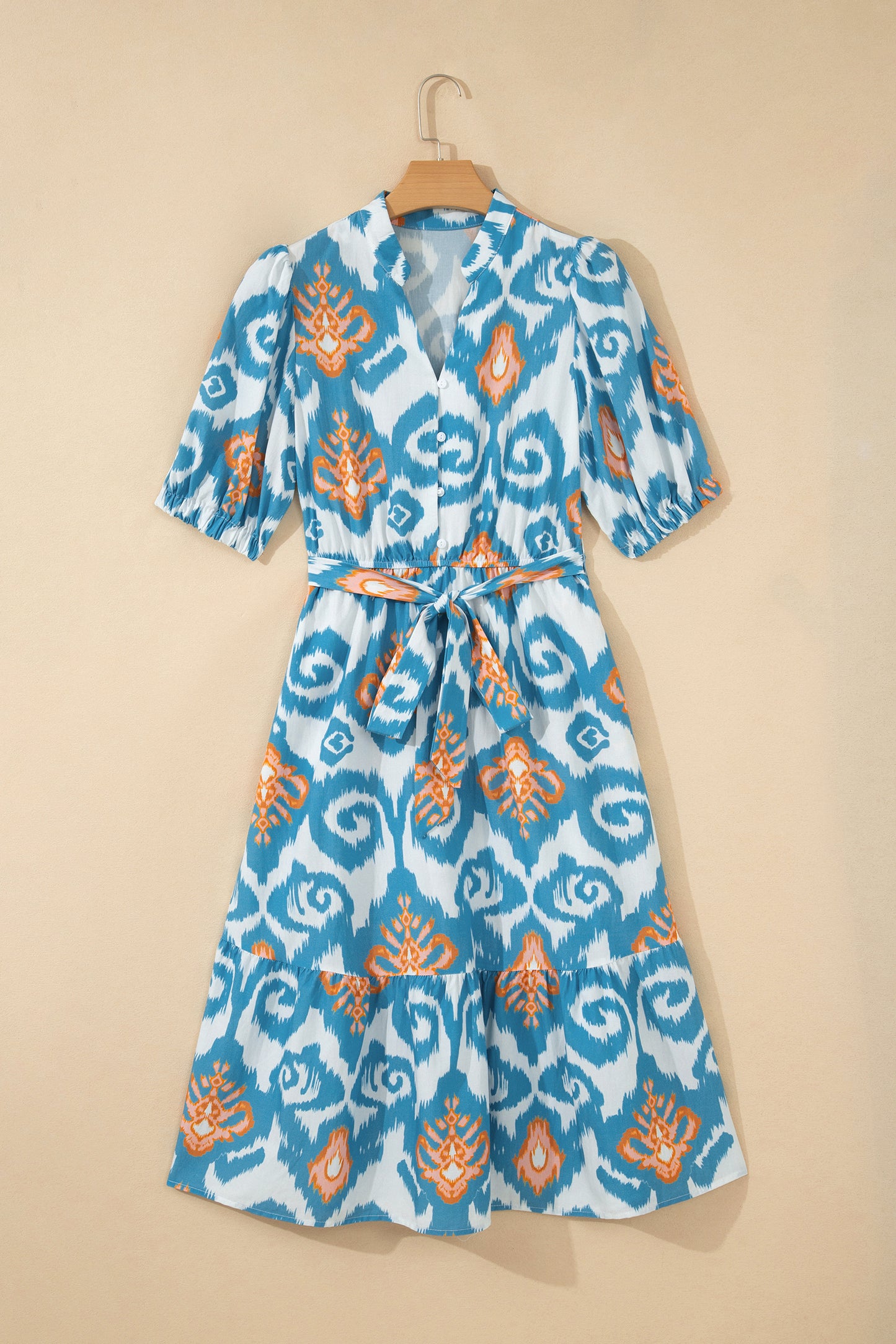 Sky Blue Boho Floral Print Short Puff Sleeve Button Down Ruffle Hem Midi Dress-TOPS / DRESSES-[Adult]-[Female]-2022 Online Blue Zone Planet