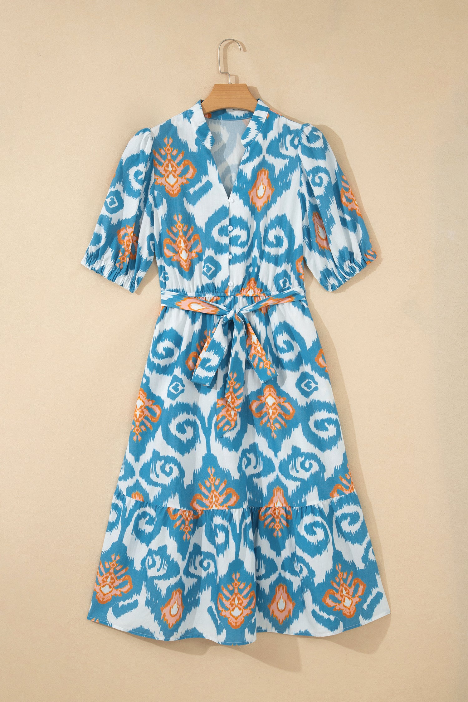 Sky Blue Boho Floral Print Short Puff Sleeve Button Down Ruffle Hem Midi Dress-TOPS / DRESSES-[Adult]-[Female]-2022 Online Blue Zone Planet