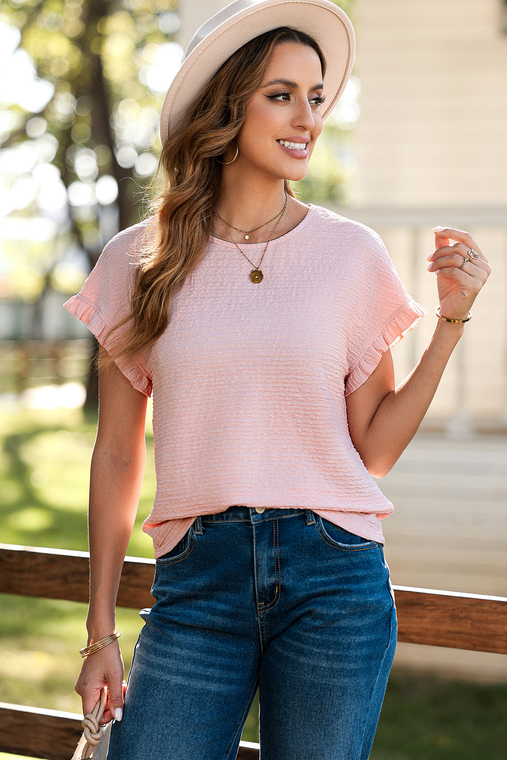 Light Pink Solid Textured Ruffled Short Sleeve Blouse-Tops/Blouses & Shirts-[Adult]-[Female]-2022 Online Blue Zone Planet