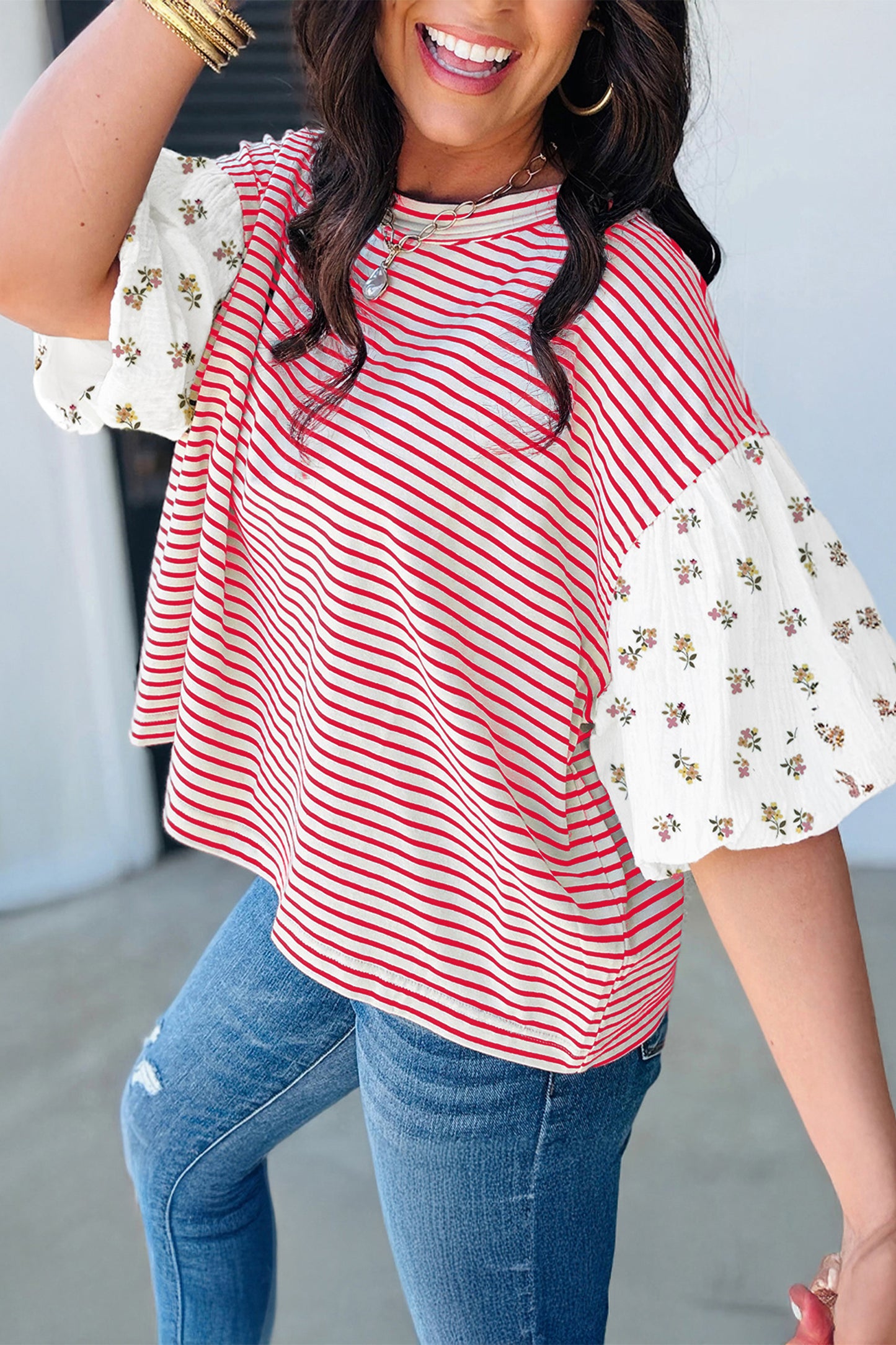 Red Stripe Floral Puff Sleeve Patchwork Round Neck Loose Top-Tops/Blouses & Shirts-[Adult]-[Female]-2022 Online Blue Zone Planet