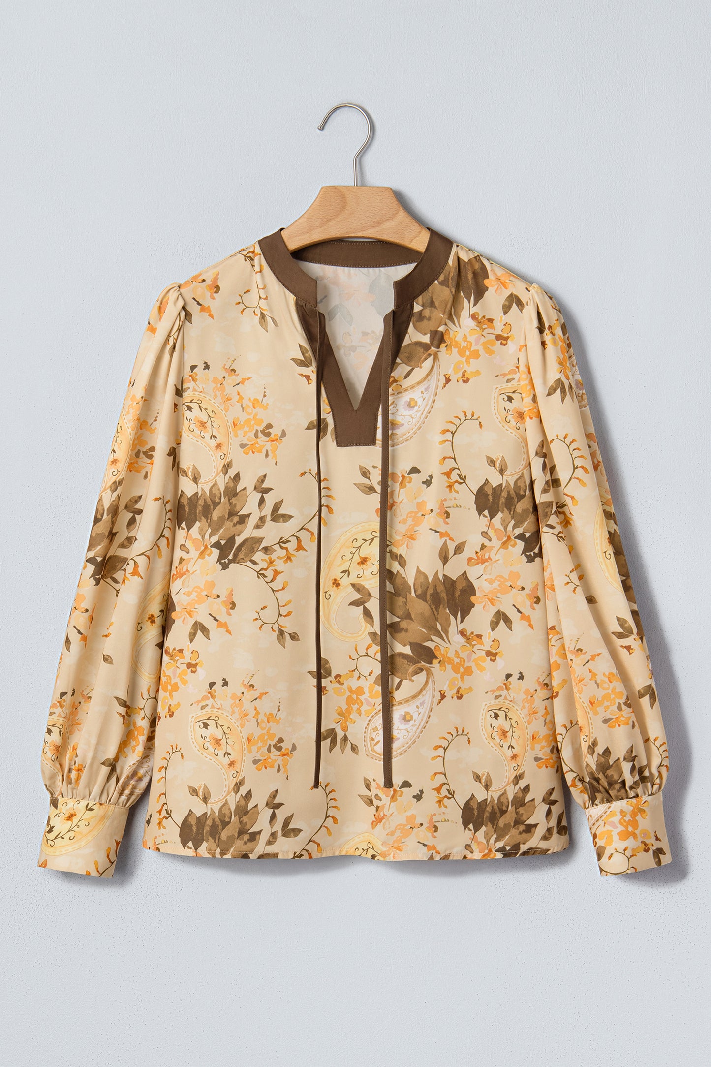 Khaki Paisley Print Tie Neck Long Sleeve Blouse-Tops/Blouses & Shirts-[Adult]-[Female]-2022 Online Blue Zone Planet