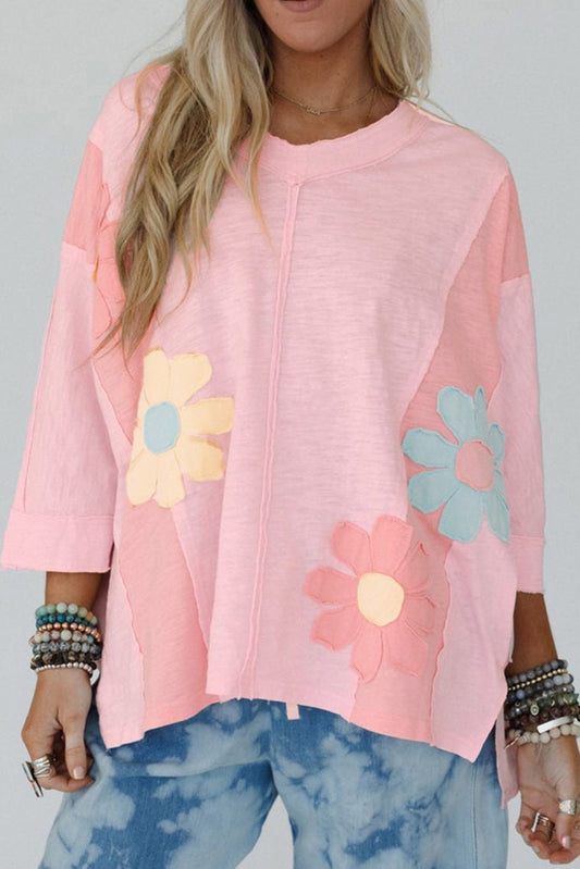 Pink Flower Patched Exposed Seam Bracelet Sleeve Oversized T Shirt-Bracelet-[Adult]-[Female]-Pink-S-2022 Online Blue Zone Planet