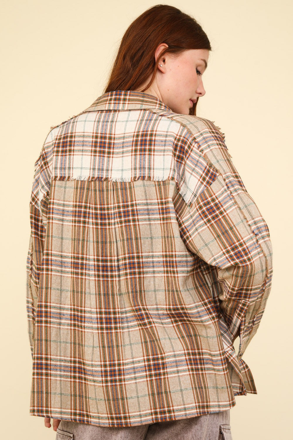 VERY J Contrast Plaid Raw Detail Shirt-[Adult]-[Female]-2022 Online Blue Zone Planet