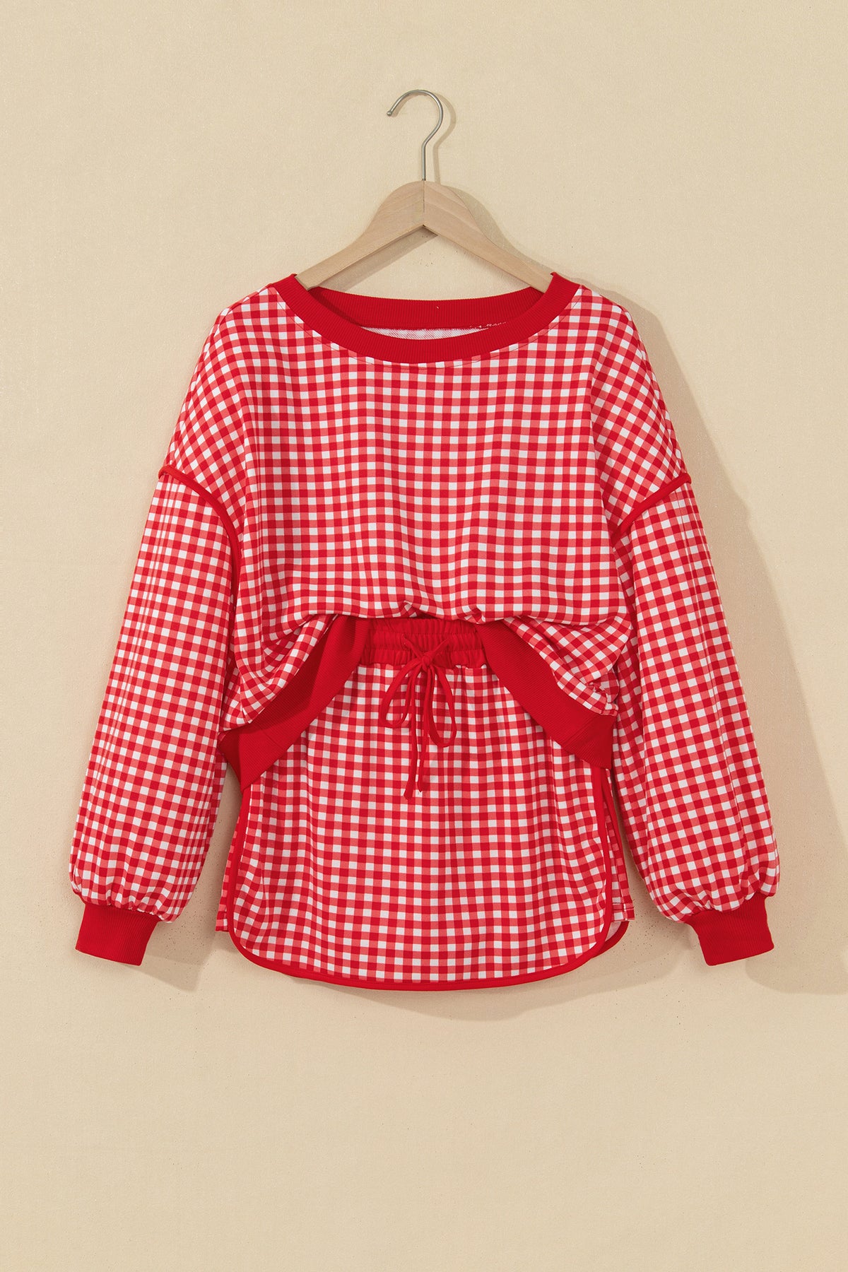 Red Gingham Oversized Ribbed Trim Crew Neck Long Sleeve Top and Skort Set-Two Piece Sets/Two Piece Dresses-[Adult]-[Female]-2022 Online Blue Zone Planet