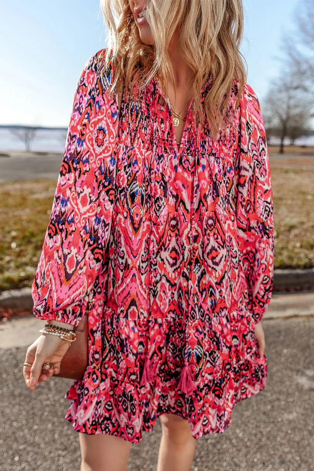 Tassel Printed Tie Neck Long Sleeve Dress-TOPS / DRESSES-[Adult]-[Female]-Strawberry-S-2022 Online Blue Zone Planet