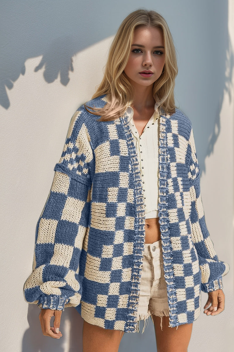 Double Take Full Size Open Front Checkered Drop Shoulder Cardigan-TOPS / DRESSES-[Adult]-[Female]-Pastel Blue-S/M-2022 Online Blue Zone Planet