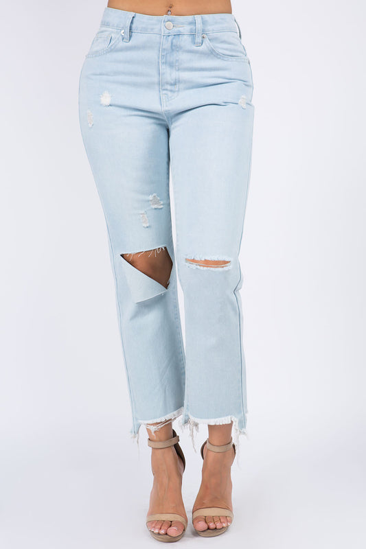 Blue Zone Planet | American Bazi High Waist Distressed Raw Hem Jeans-TOPS / DRESSES-[Adult]-[Female]-Lt.Blue-1-2022 Online Blue Zone Planet