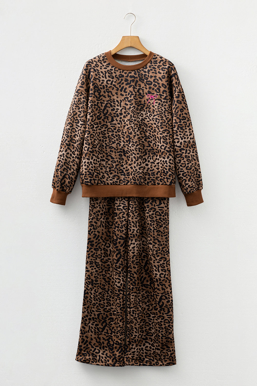 Coffee Leopard Print Contrast Trim Long Sleeve Top And Pants Set-Two Piece Sets/Pant Sets-[Adult]-[Female]-2022 Online Blue Zone Planet