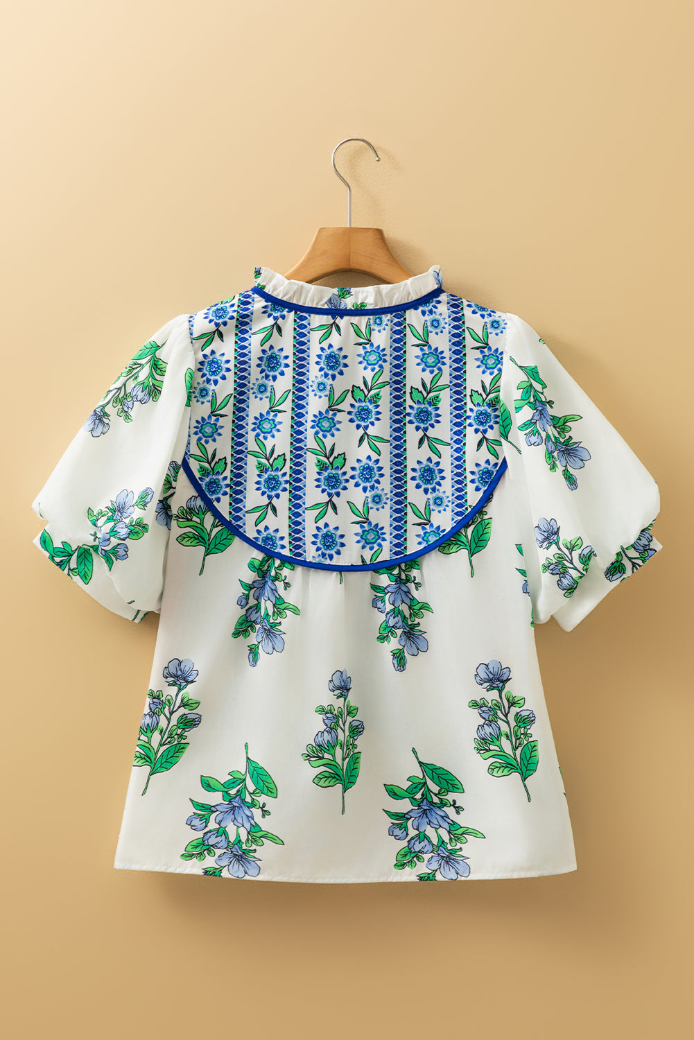 Beige Floral Print Piping Trim Tie Neck Short Sleeve Blouse-Tops/Blouses & Shirts-[Adult]-[Female]-2022 Online Blue Zone Planet