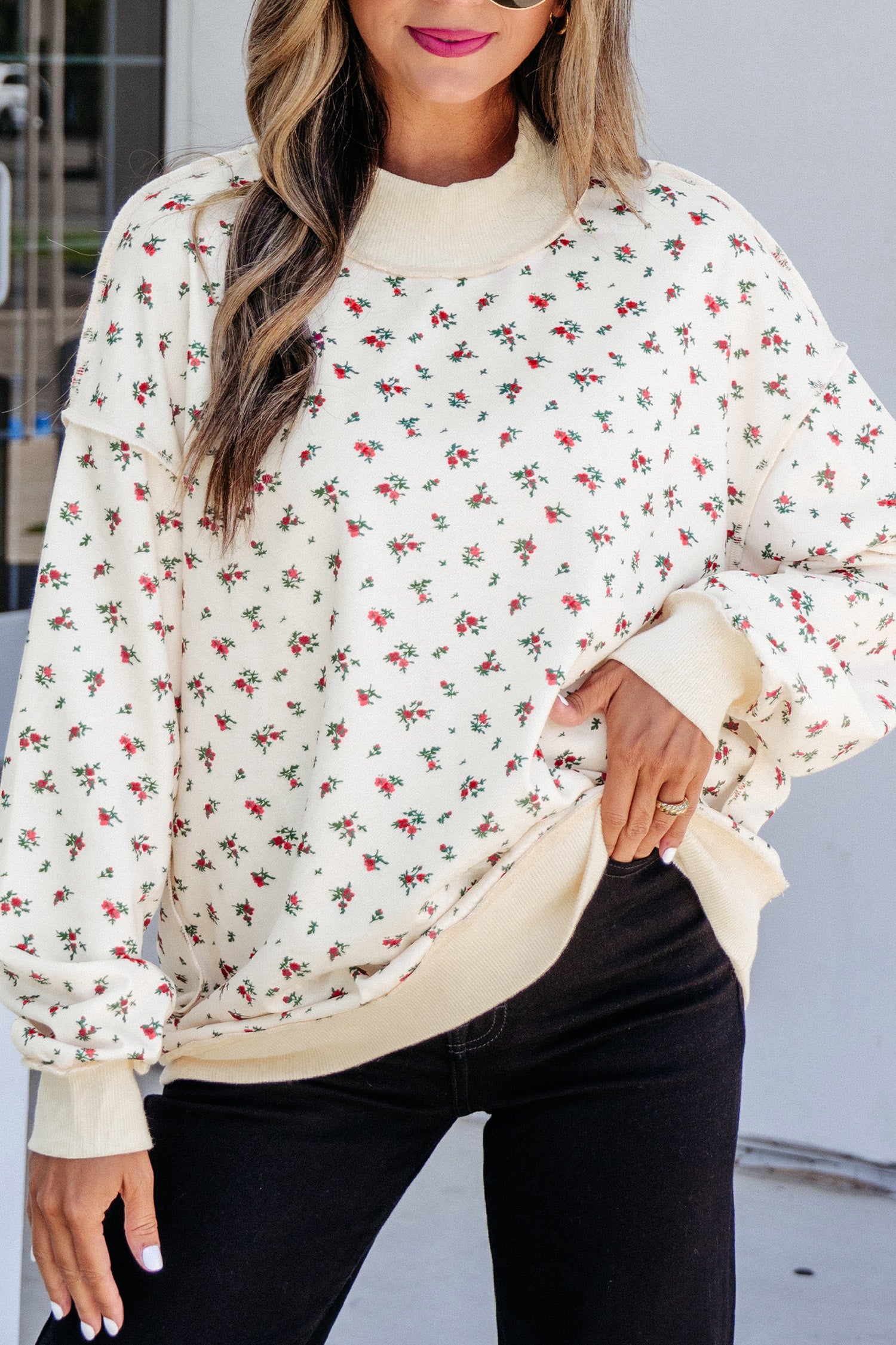 Beige Ribbed High Neck Patchwork Floral Print Baggy Pullover Sweatshirt-Tops/Sweatshirts & Hoodies-[Adult]-[Female]-2022 Online Blue Zone Planet