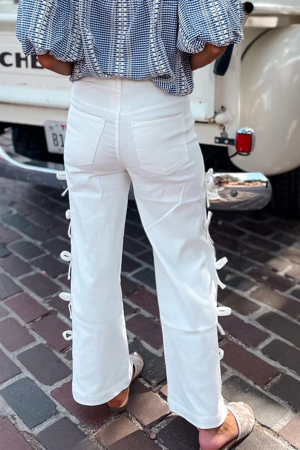 White Bow Knot Side Detail Straight Leg Loose Jeans-Bottoms/Jeans-[Adult]-[Female]-2022 Online Blue Zone Planet