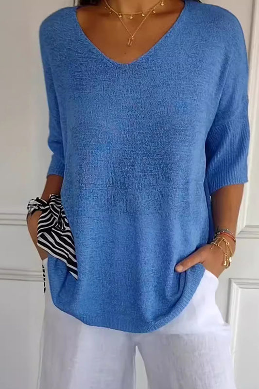 V-Neck Three-Quarter Sleeve Knit Top-TOPS / DRESSES-[Adult]-[Female]-Blue-One Size-2022 Online Blue Zone Planet