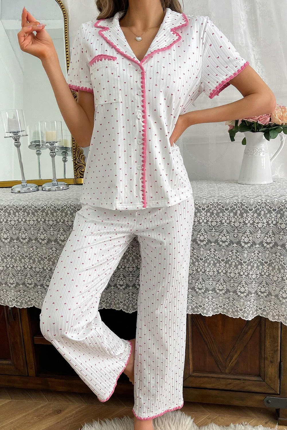White Heart Print Contrast Trim Shirt and Pants Pajama Set-Loungewear Set-[Adult]-[Female]-2022 Online Blue Zone Planet