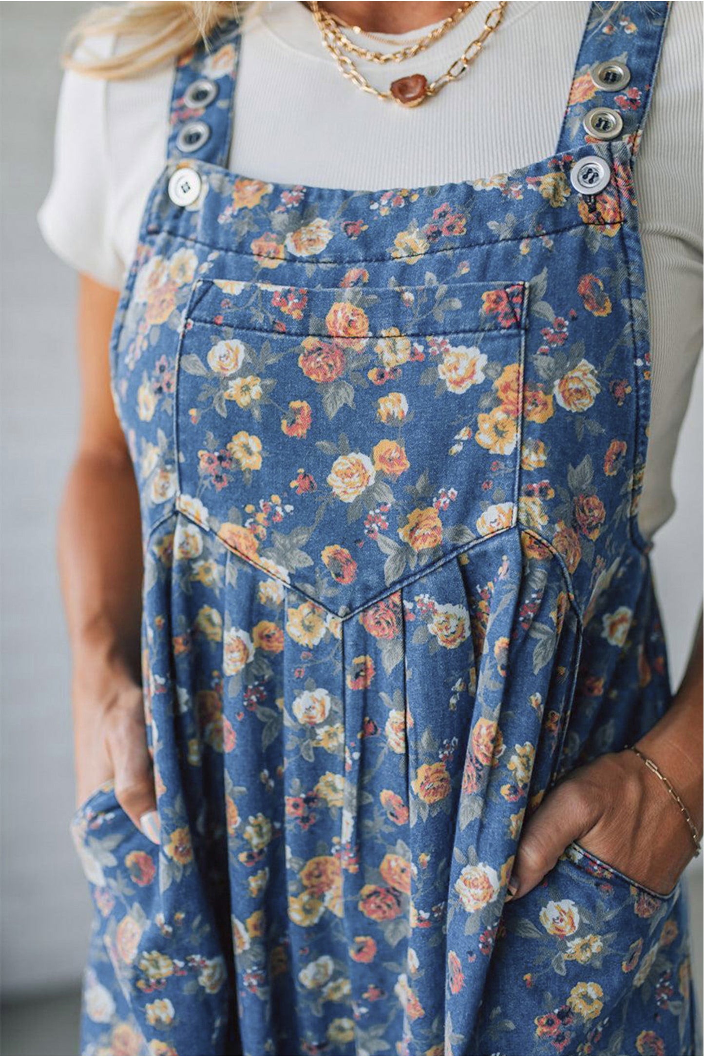 Blue Vintage Rose Printed Pleated Loose Denim Overall Jumpsuit-Bottoms/Jumpsuits & Rompers-[Adult]-[Female]-2022 Online Blue Zone Planet