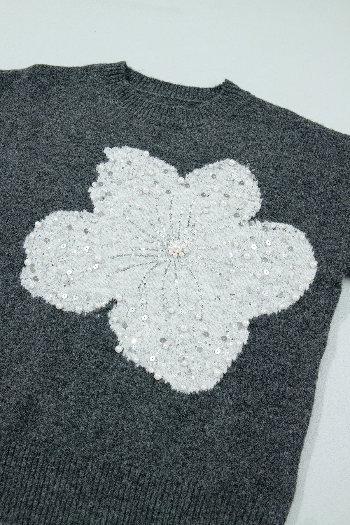 Dark Grey Beaded Floral Accent Casual Round Neck Sweater-TOPS / DRESSES-[Adult]-[Female]-2022 Online Blue Zone Planet