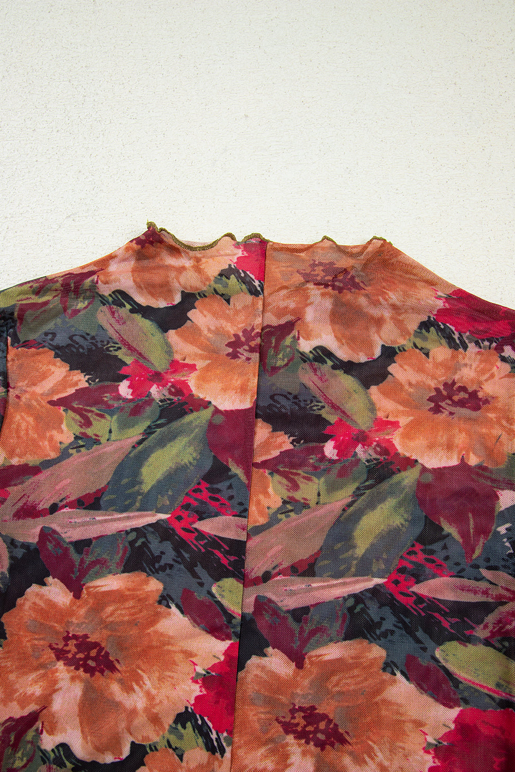Multicolour Floral Print Lettuce Trim Long Sleeve Mesh Top-Tops/Long Sleeve Tops-[Adult]-[Female]-2022 Online Blue Zone Planet