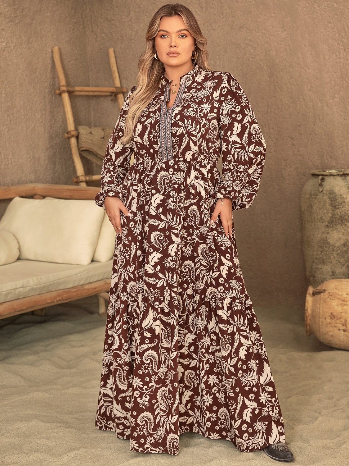 Blue Zone Planet | Plus Size Notched Balloon Sleeve Printed Maxi Dress-TOPS / DRESSES-[Adult]-[Female]-Chocolate-4XL-2022 Online Blue Zone Planet