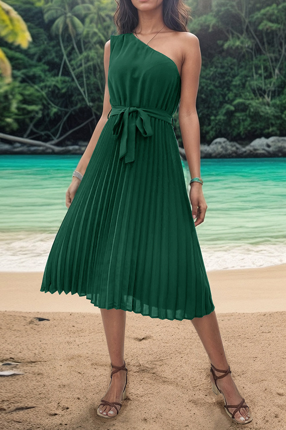 Pleated Single Shoulder Tie Waist Midi Dress-TOPS / DRESSES-[Adult]-[Female]-Dark Green-S-2022 Online Blue Zone Planet