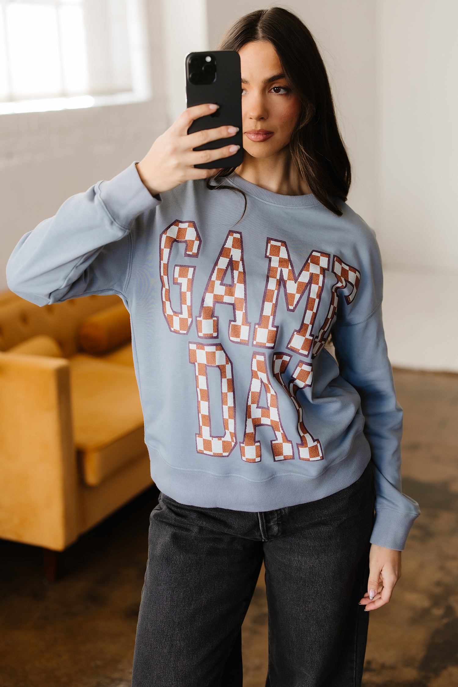 Sleet Game Day Checkered Letter Graphic Oversize Sweatshirt-Tops/Sweatshirts & Hoodies-[Adult]-[Female]-2022 Online Blue Zone Planet
